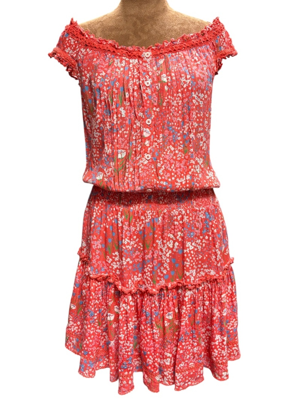POUPETTE ST BARTH RED FLORAL SMOCKED WAIST MINI DRESS BOHO SIZE M
